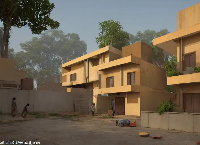 Image similar to low - cost housing designed by architect b v doshi, contemporary indian architecture style ; realistic, detailed, cel shaded, in the style of makoto shinkai and greg rutkowski and james gurney ; wide angle view 1 4 mm lens f 2 2 ; evermotion archexterior, v ray unreal engine ; hdr lighting, ray traced, vue render