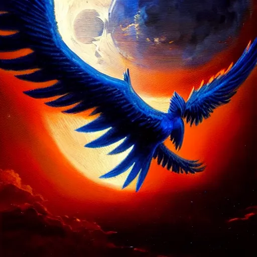 Prompt: blue phoenix flying in front of the moon, glowing light, fire, oil painting by greg rutkowski, 8 k