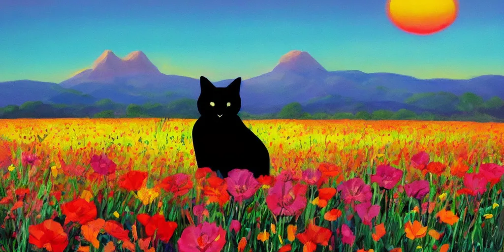 Prompt: beautiful black cat in a field of flowers, mountain sunrise, painted by Peter Max, detailed , clear, trending on artstation