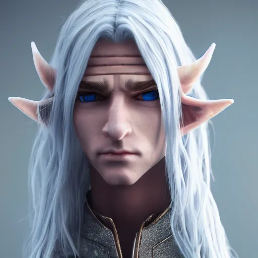 Image similar to a highly detailed male elf in full length, with white long hair, white clothes, bright blue eyes, artstation, DeviantArt, professional, octane render