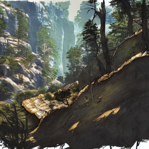 Prompt: pov shot, standing on a cliff and looking into a huge canyon filled with beautiful forest, game fallout 4 style, rubbing alcohol watercolor, hyper detailed, high contrast