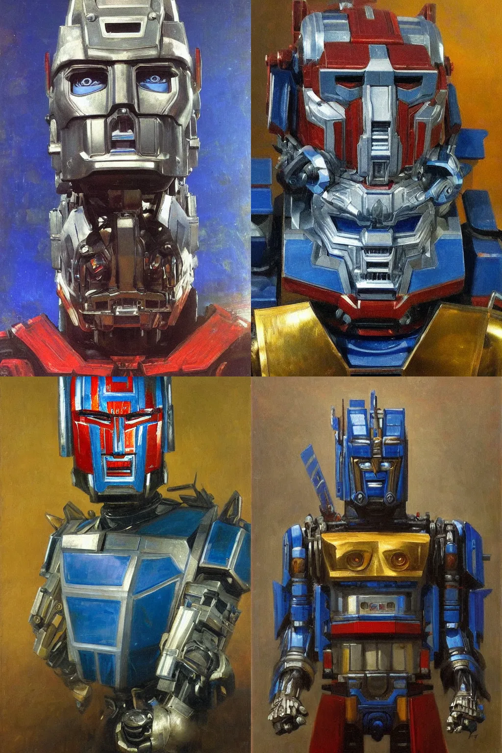 Prompt: Oil on canvas Optimus Prime portrait by Ilya Repin, mecha, Optimus has blue optics and a silver face mask.