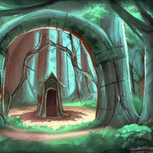 Image similar to a portal in ruins. in a landscape like forest. in the style of studio ghibli