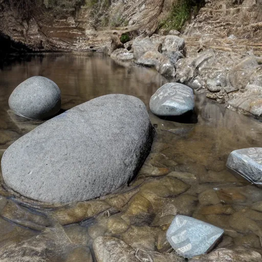 Image similar to detailed footage of european writing in stone in a river, photographic journalism, hunger stones, realistic, european river, carvings of drought and famine