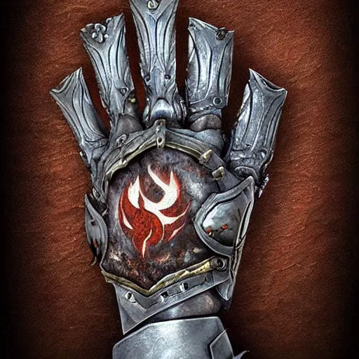 Image similar to warrior Gauntlet fist, war theme gauntlet fist, fantasy gauntlet of warrior, armored gauntlet fist, fiery coloring, epic fantasy style art, fantasy epic digital art, epic fantasy weapon art