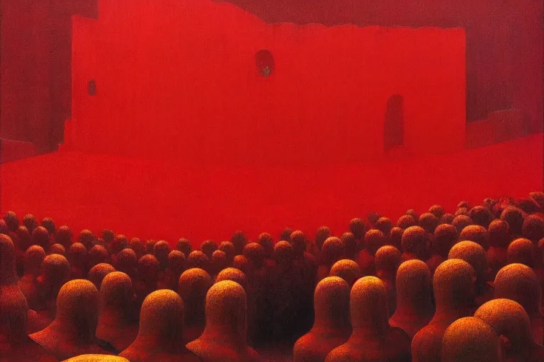 Prompt: only with red, a red great emperor, taormina amphitheatre, crowd with big smile, in the style of beksinski, parts by edward hopper, parts by rodcenko, parts by yue minjun, intricate and epic composition, red by caravaggio, insanely quality, highly detailed, masterpiece, red light, artstation, 4 k