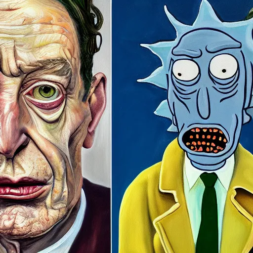 Image similar to high quality high detail painting by lucian freud, hd, portrait of rick and morty