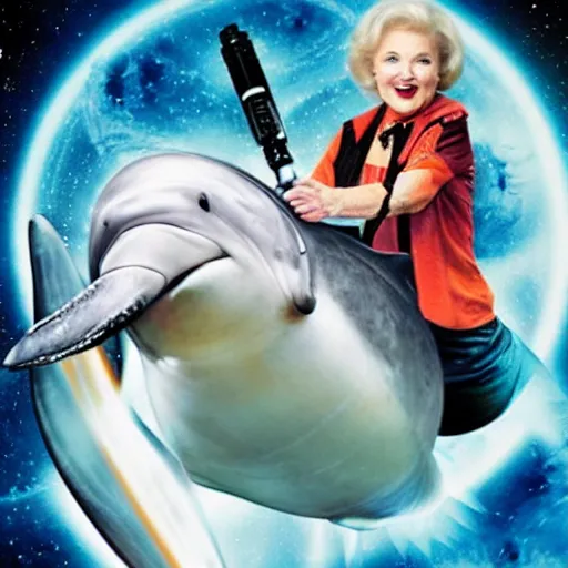 Image similar to betty white dual wielding lightsabers riding a dolphin through space