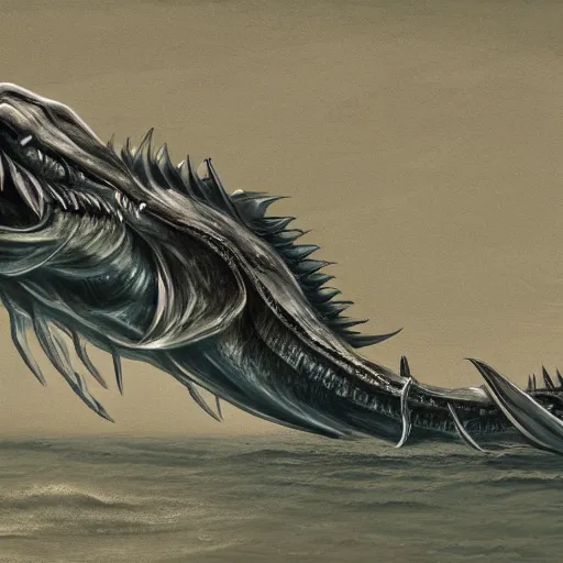 Image similar to sea monster looks like ship, deep dark sea, marine animal, highly detailed, digital painting, smooth, sharp focus