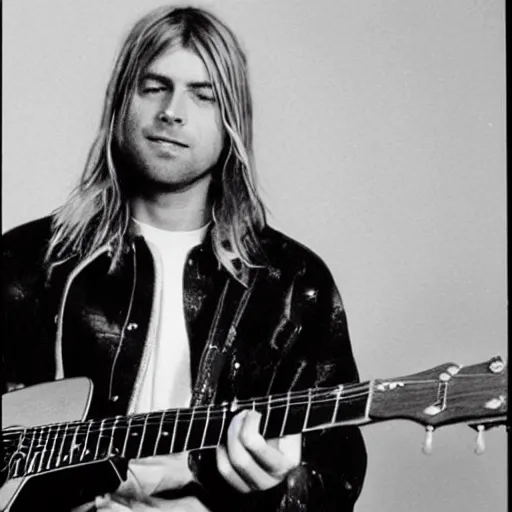 Prompt: photo of kurt cobain playing acoustic guitar, album cover