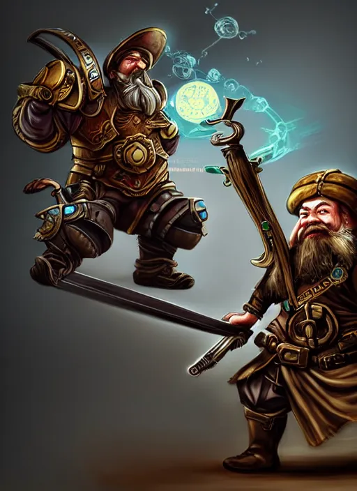 Image similar to a dwarf artificer holding a musket and riding on a steampunk robot, fantasy art, chinese fantasy, dungeons and dragons, tabletop rpg, ghostblade, wlop.