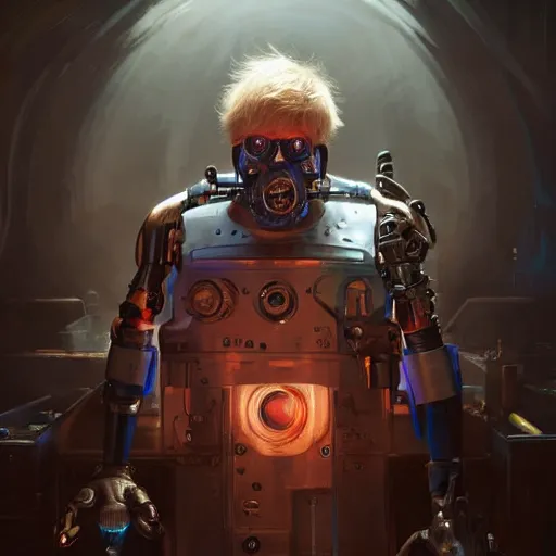 Image similar to cyborg steampunk boris johnson in a nightclub, anatomy, bathed in light, highly detailed, photorealistic, artstation, smooth, sharp focus, illustration, unreal engine 5, 8 k, art by artgerm and greg rutkowski and edgar maxence