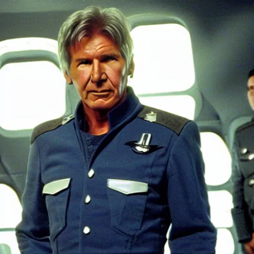 Image similar to A still of Harrison Ford as Commander Adama in Battlestar Galactica (2003) wearing a dark blue uniform, a Cylon is in the background