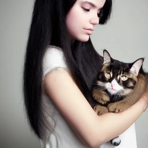 Prompt: a girl with long dark hair holding a cat in her arms, a stock photo by juan villafuerte, pexels contest winner, high quality photo, rtx, hd, shiny eyes, rasquache, a renaissance painting by sailor moon, anime, anime aesthetic