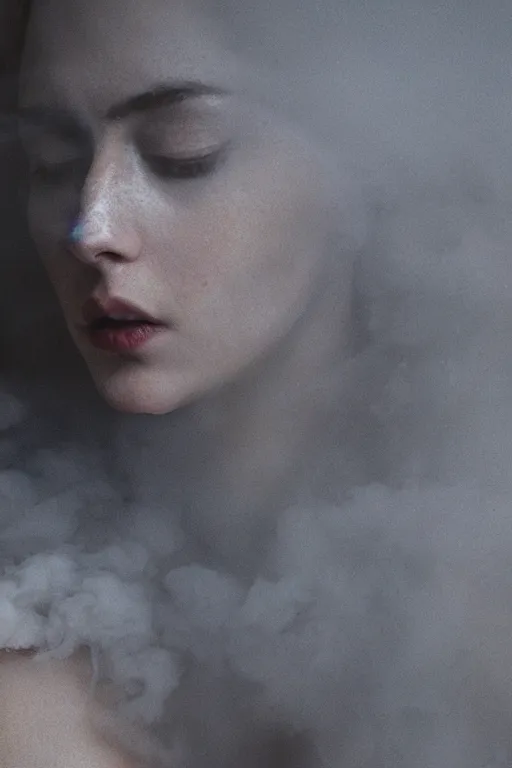 Image similar to 4k Detailed portrait by Gregory Crewdson of A woman shrouded in a cloud of smoke