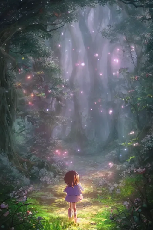 Image similar to forest path, fairy, beautiful ancient trees, hiding large treasure chest, glowing fireflies, serene evening atmosphere, soft lens, soft light, cel - shading, animation, in the style of cgsociety, deviantart, artstation, zbrush, cinema 4 d, studio ghibli, akihiko yoshida, atelier lulua, masamune shirow