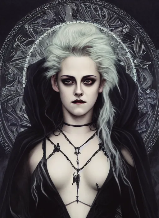 Prompt: portrait Kristen Stewart as a dark goth magician of the magic of darkness, full length shot, shining, 8k highly detailed, sharp focus, illustration, art by artgerm, mucha, bouguereau