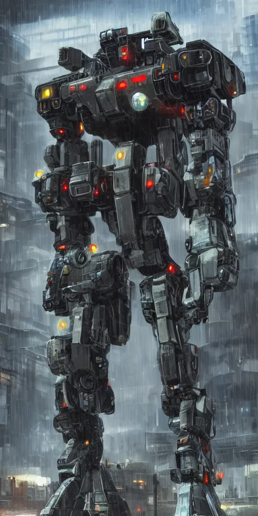 Image similar to Battletech mech in a city, futuristic, rain, industrial, 8k, high detail, unreal render, concept art, Mechwarrior, masterpiece, Artstation