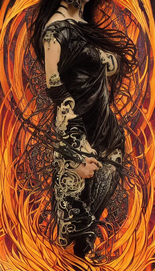 Image similar to a finely detailed beautiful!!! feminine cyberpunk ghost rider with skull face and long flowing hair made of fire and flames, dressed in black leather, by Alphonse Mucha, designed by H.R. Giger, legendary masterpiece, stunning!, saturated colors, black background, full body portrait, viewed from medium distance away so the full body is visible, trending on ArtStation