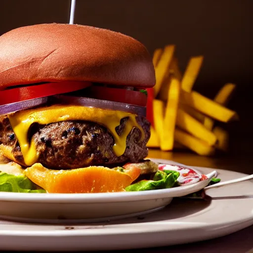 Image similar to close ups photo of a delicious cheeseburger with lots of toppings, studio lighting 1 0 0 mm photograph