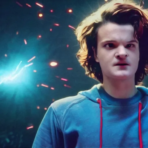 Image similar to a 4 k cinematic still portrait of steve harrington accidentally starting a black hole and destroying the cosmic universe, from a gritty cyberpunk 2 0 0 0 s james cameron movie about stranger things. realism, cinematic lighting, 4 k. 8 mm. grainy. panavision.