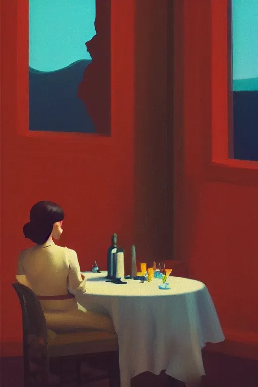 Image similar to woman eating with a bear digital glitch head Edward Hopper and James Gilleard, Zdzislaw Beksisnski, higly detailed