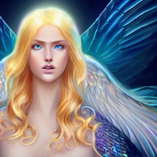 Image similar to Winged mermaid angel with blonde hair and glowing halo, iridescent, seraphim, fantasy, intricate, elegant, highly detailed, digital painting, artstation, concept art, smooth, sharp focus -ar 16:9