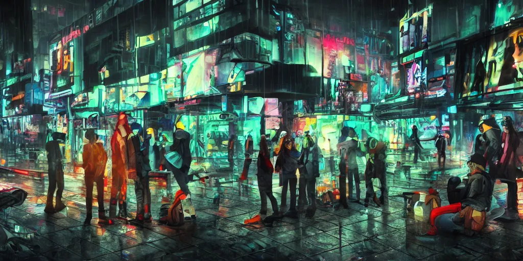 Prompt: teenagers with tech clothing and hoods and futuristic gas masks painting graffitis about chess pawns on the walls of a dystopian city, neon lights, sci - fi, night lights, rain and haze, concept art, intricate, photorealistic, in the style of katsuhiro otomo, akira, octane render, rtx, hdr, unreal engine