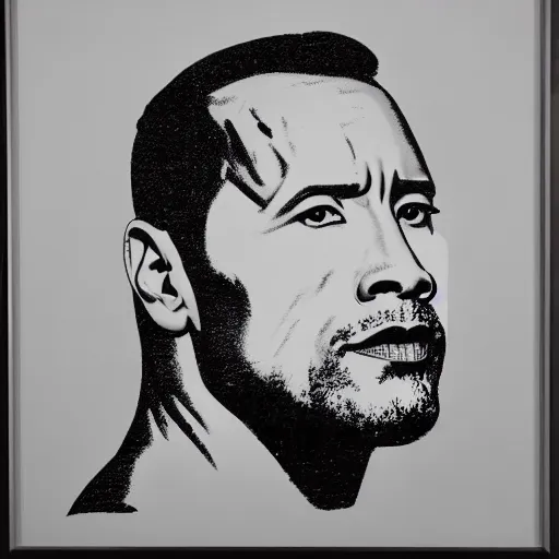 Image similar to a portrait of Dwayne Johnson, made by Andy Warhol, two tone, very high contrast, only black and white, simplistic, extremely high contrast, two tone, notan art, by Andy Warhol, minimalistic,