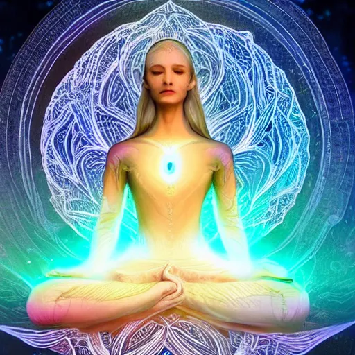 Prompt: glowing cracks, elven princess, meditating, peaceful, levitating, powerful, blossoming, lotus pose, zen, glowing, fractal background, ascending, detailed, realistic, digital art, fantasy, trending on artstation, cinematic, movie clip, visionary art, intricate pattern, subtle pattern, detailed texture, fractal texture, flowing, engraved texture, sacred geometry pattern, symmetry, perfect, perfect face, facial beauty, pretty, attractive, by peter morhbacher, dmt temple, godlike, pearlescent, matte painting, highly detailed painting, light, light being, feathered, smooth, radial color dispersion, color dispersion