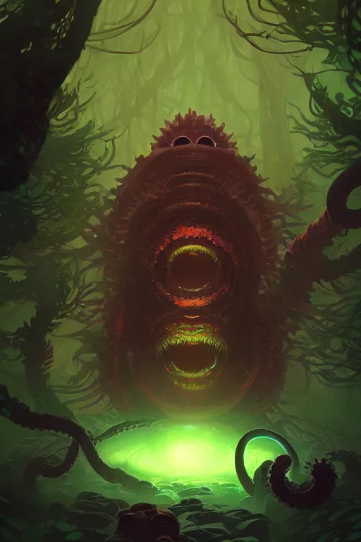 Image similar to Portrait of Black Hole Bodhisattva Kraken in neon forest, digital art from artstation by Andreas Rocha and Greg Rutkowski and Peter Mohrbacher