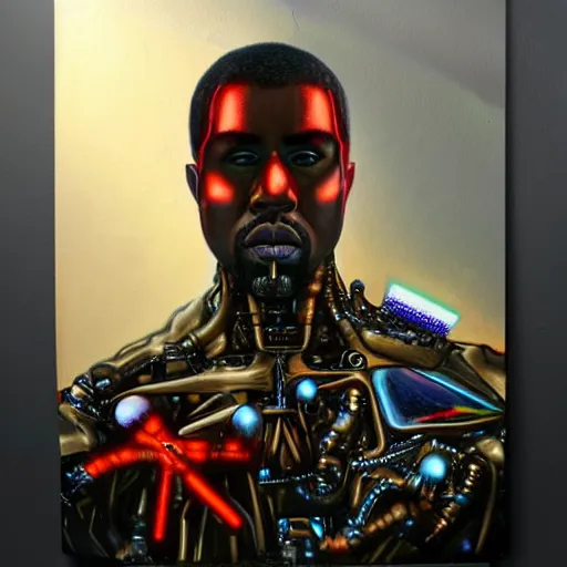 Image similar to a realistic oil painting of a cybernetic kanye west cyborg, surrealism portrait, surrealism album cover