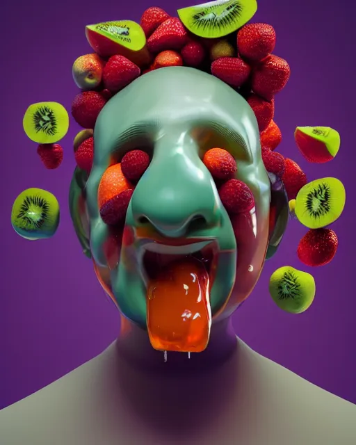 Prompt: a funny sculpture of a squashed human head with a transparent head made out of fruit, splashing fruit juice, funny face, vibrant, in the style of mike campau, cg render, ray tracing, 8 k resolution, sharp