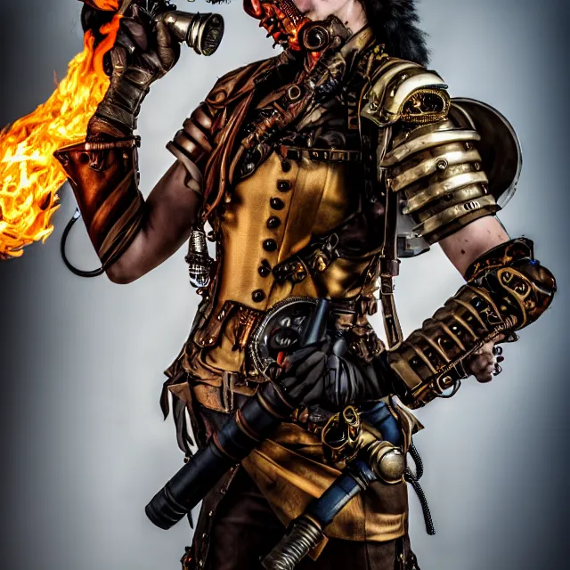 Prompt: full length photo of a steampunk warrior with a flamethrower, 8 k, hdr, smooth, sharp focus, high resolution, award - winning photo