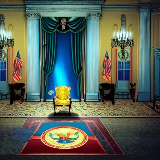 Prompt: A rat siting on a throne in the white house. Cinematic lighting, bright colors.