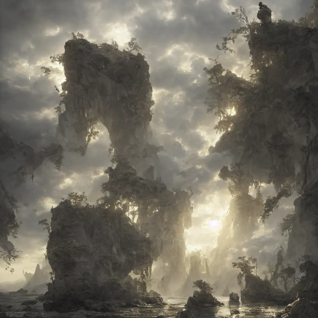 Image similar to gates of heaven, volumetric lighting, 8 k octane beautifully detailed render, post - processing, extremely hyper - detailed, intricate, epic composition, cinematic lighting, masterpiece, trending on artstation, detailed detailed detailed, masterpiece, stunning art by anders zorn, wonderful masterpiece by greg rutkowski, beautiful cinematic light,