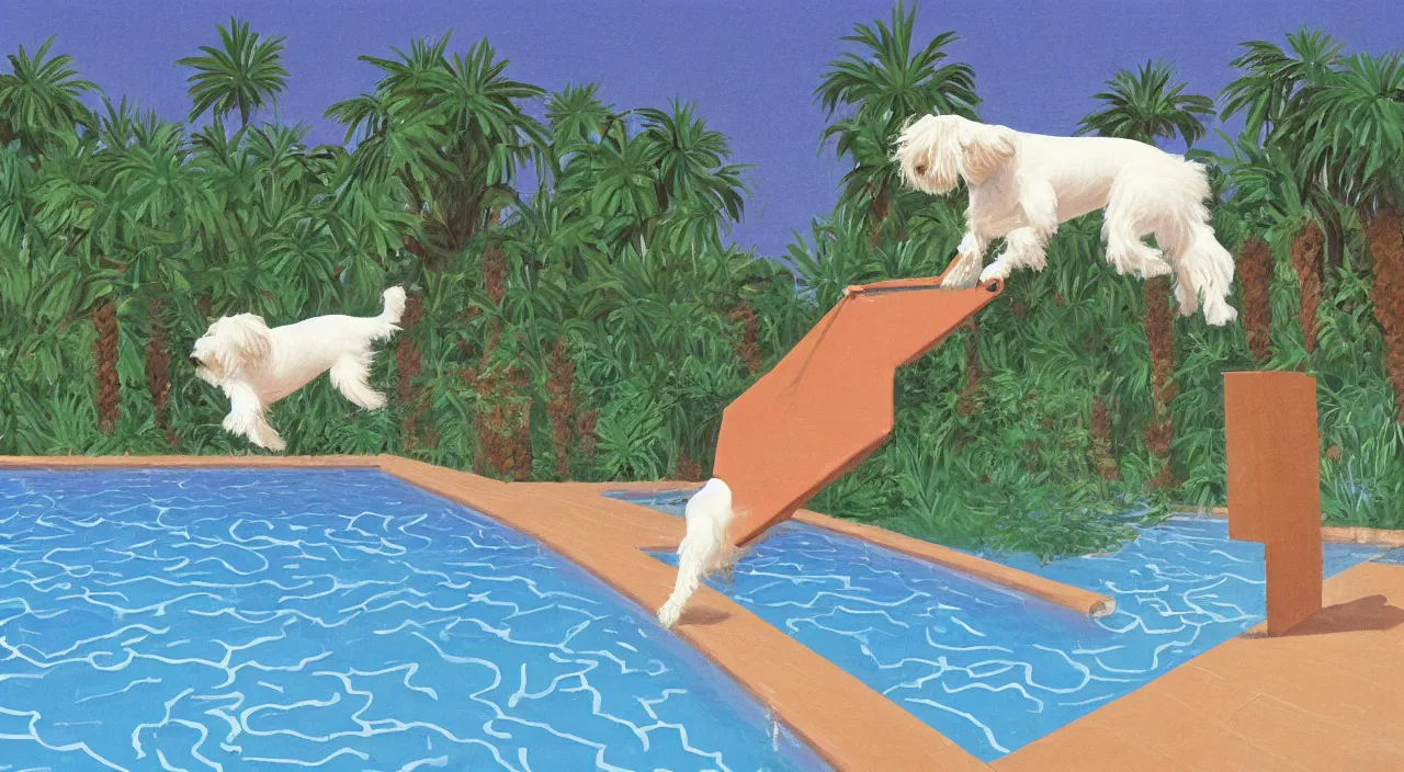 Prompt: medium shot of one cream colored havanese dog jumping from a diving board at a pool at a mid century modern house in palm springs oil painting by david hockney