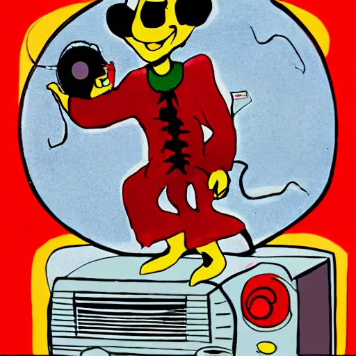 Image similar to Vampire clown with wires in his head watches old retro TV in a shabby motel room