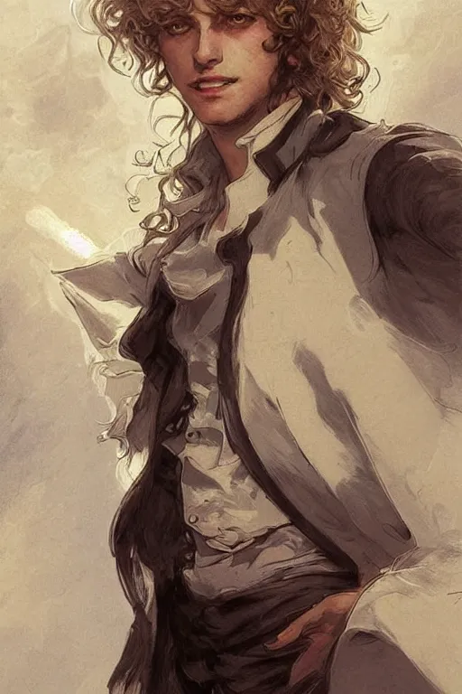 Image similar to portrait of enjolras from les miserables, ray of light, highly detailed, shimmering and prismatic, rococo, by krenz cushart and mucha and monet, trending on artstation.