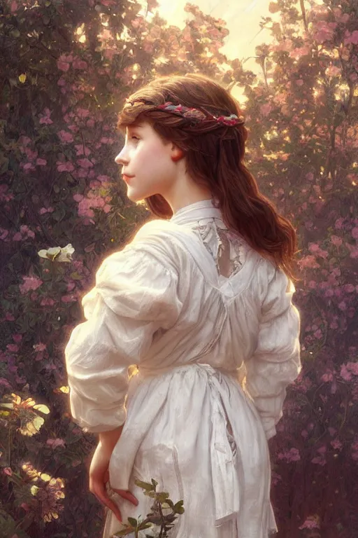 Image similar to beautiful cottagecore young peasant maiden, innocent, intricate, elegant, highly detailed, digital painting, artstation, concept art, smooth, sharp focus, illustration, art by artgerm and greg rutkowski and alphonse mucha