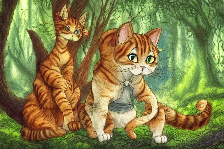 Prompt: a cat in a forest, highly detailed, digital art, trending on artstation, backlighting, by kawacy, by don bluth, by ken sugimori, by louis wain, fan art