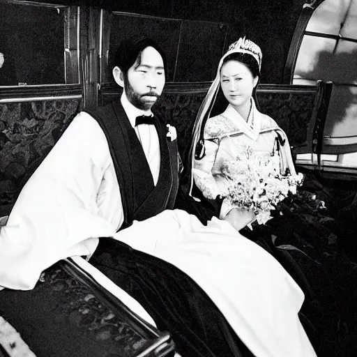 Image similar to An extreme long shot wide shot, colored black and white Russian and Japanese mix historical fantasy a photograph portrait taken at the empress and emperor's royal wedding inside the imperial carriage going back to the palace, they had a private moment together, golden hour, warm lighting, 1907 photo from the official wedding photographer for the royal wedding. Cinematic, atmospheric lighting, extreme detail, 8K, movie still.