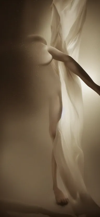 Prompt: film still, perfect female body silhouette, liquid sculpture, astral clockwork, golden sheer curtains flowing in wind, photorealism, beautiful portrait, white and black latex mixture, black ink, body acts photography, abstract art, concept art, matte painting, bokeh lights, one point light, elegant, weta fx, weta digital, artstation, holographic colors