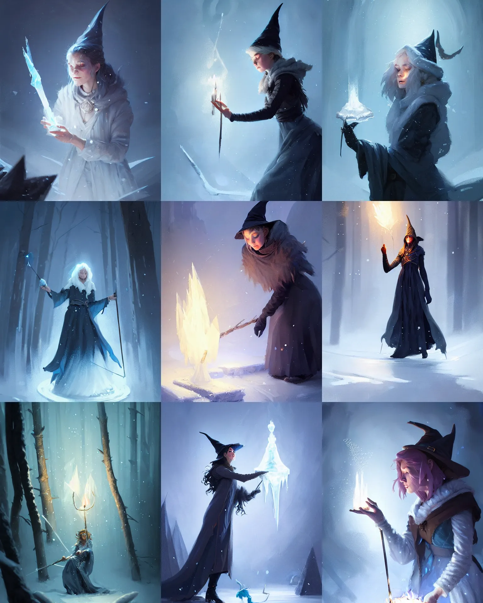 Prompt: an experienced witch casting ice magic, by greg rutkowski, highly detailed, digital painting, concept art, sharp focus, illustration, trending on artstation, pixiv, illustration