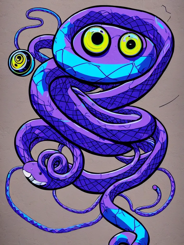 Prompt: graffiti, snake with large eyes, vibrant blue and purple colors, depth, anamorphic illustration, highly detailed, simple, no jagged lines, smooth, artstation, artwork by obey and miss van