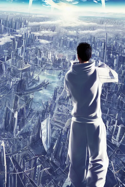 Image similar to man in white tracksuit overlooking a futuristic city, style of Mirror\'s Edge, dreamy, beautiful clouds, beautiful artwork by Makato Shinkai, futuristic