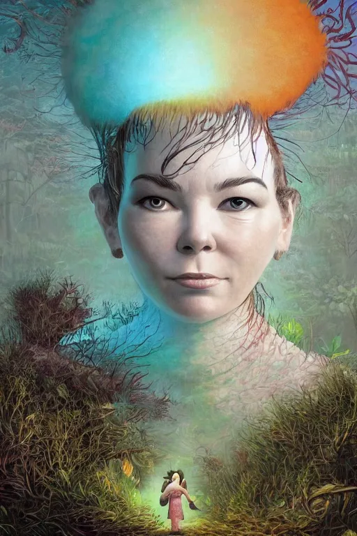 Image similar to 2 0 year old bjork portrait by hubert robert and lee madgwick and roger dean and jacek yerka, dan mumford and alex grey style, soft lighting, 4 k hd wallpaper illustration concept joy atmospheric lighting