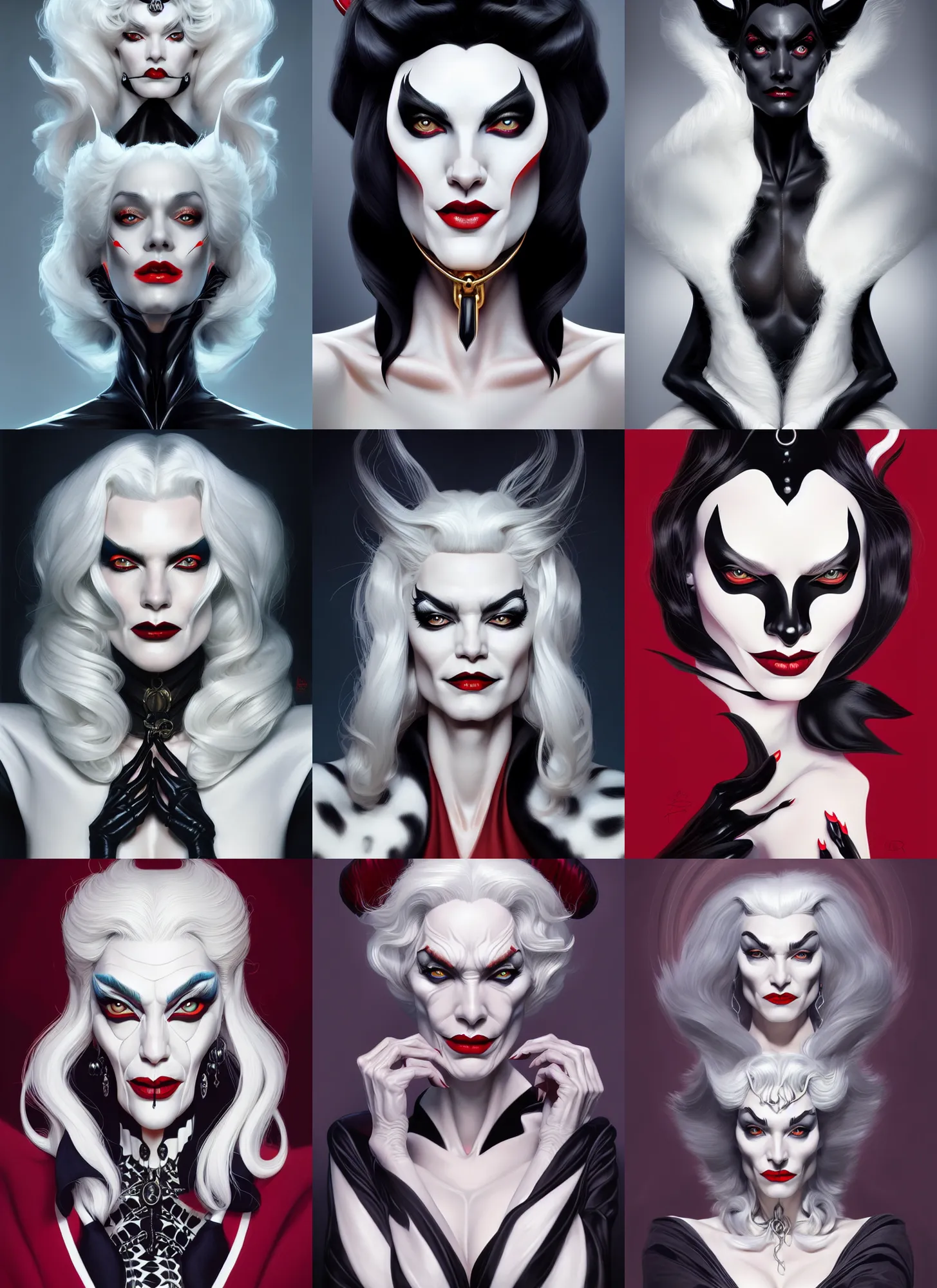 Prompt: symmetry!! portrait of a cruella de vil, enigmatic, intricate, highly detailed, dynamic lighting, digital art, digital painting, artstation, terence nielsen, sharp focus, illustration, art by artgerm and greg rutkowski and moebius, 8 k