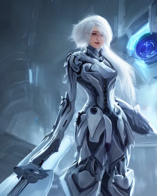 Image similar to perfect white haired girl, warframe armor, beautiful, dreamy, pretty face, blue eyes, portrait, detailed, bright light, scifi, amazing, utopian architecture in the background, laboratory, 4 k, ultra realistic, aura of light, cinematic, high detail, masterpiece, art by akihito tsukushi, akasuki brightmind