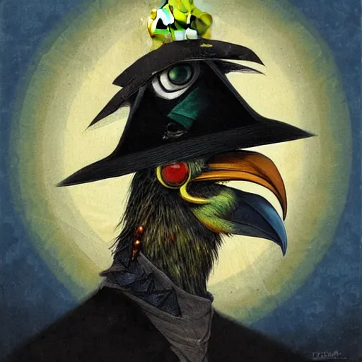 Prompt: ( ( ( head and shoulders portrait of a kenku crow person wearing a porkpie hat ) ) ), d & d, fantasy, dave mckean, peter mohrbacher